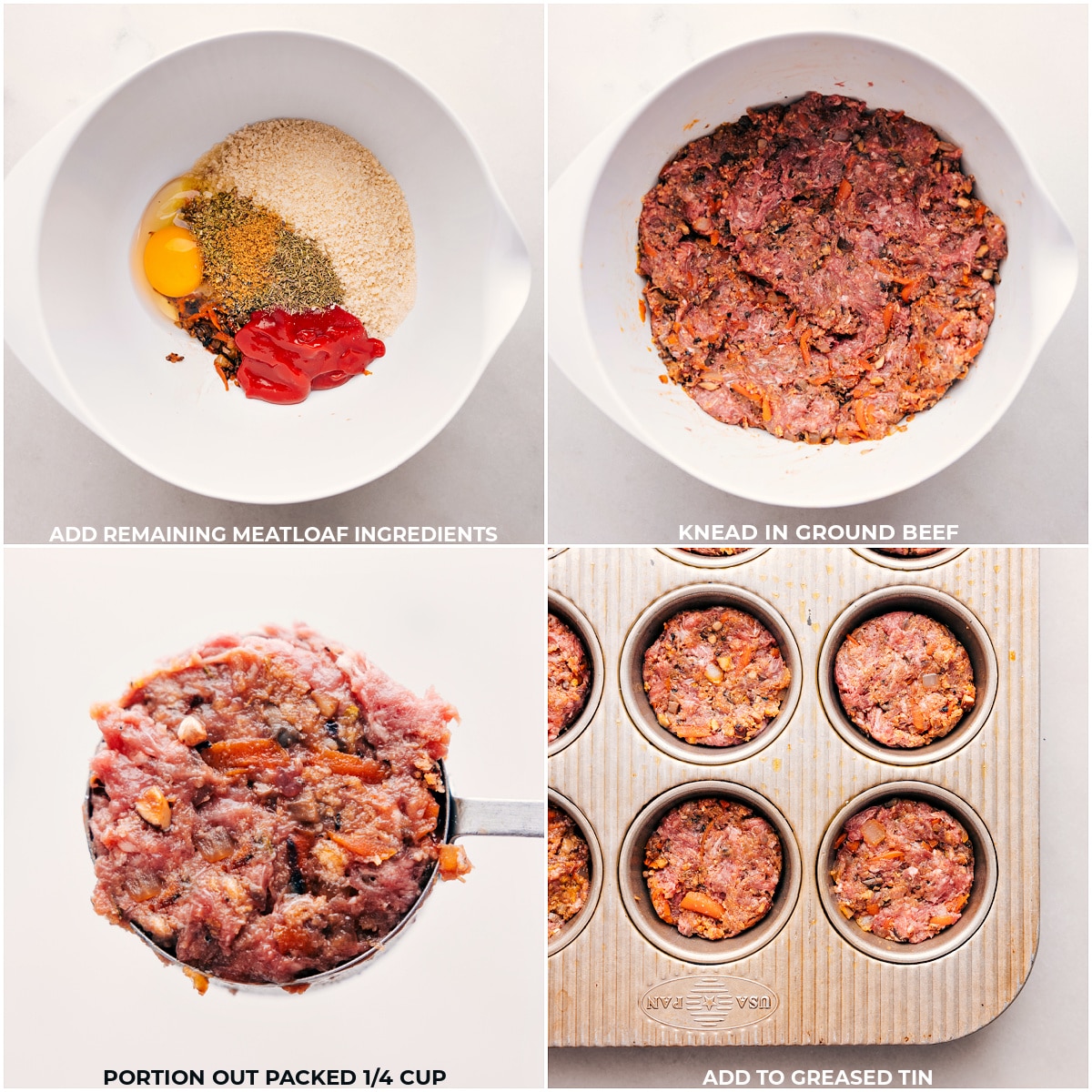 Our Favorite Mini Meatloaf Recipe All the Mini Meatloaf ingredients being added to a bowl and mixed together, then added to a greased muffin tin.