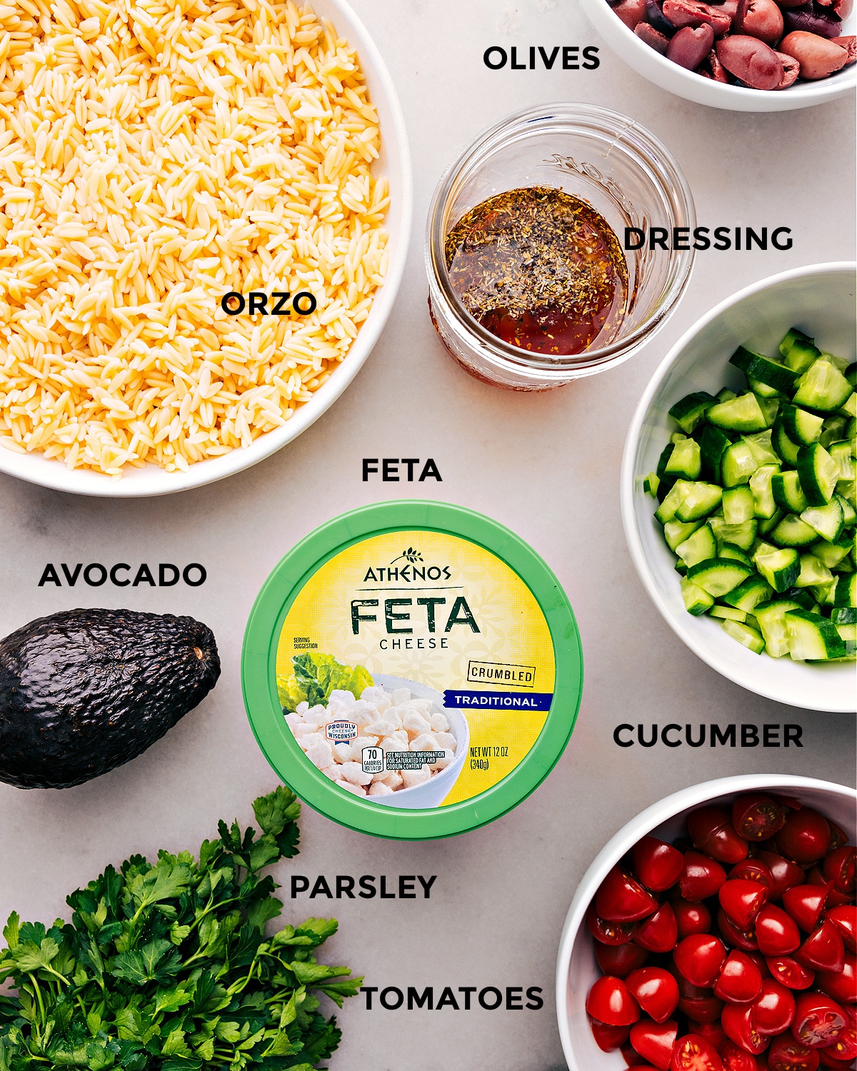 Ingredients In Mediterranean Orzo Salad All the ingredients used in this recipe prepped out for easy preparation.