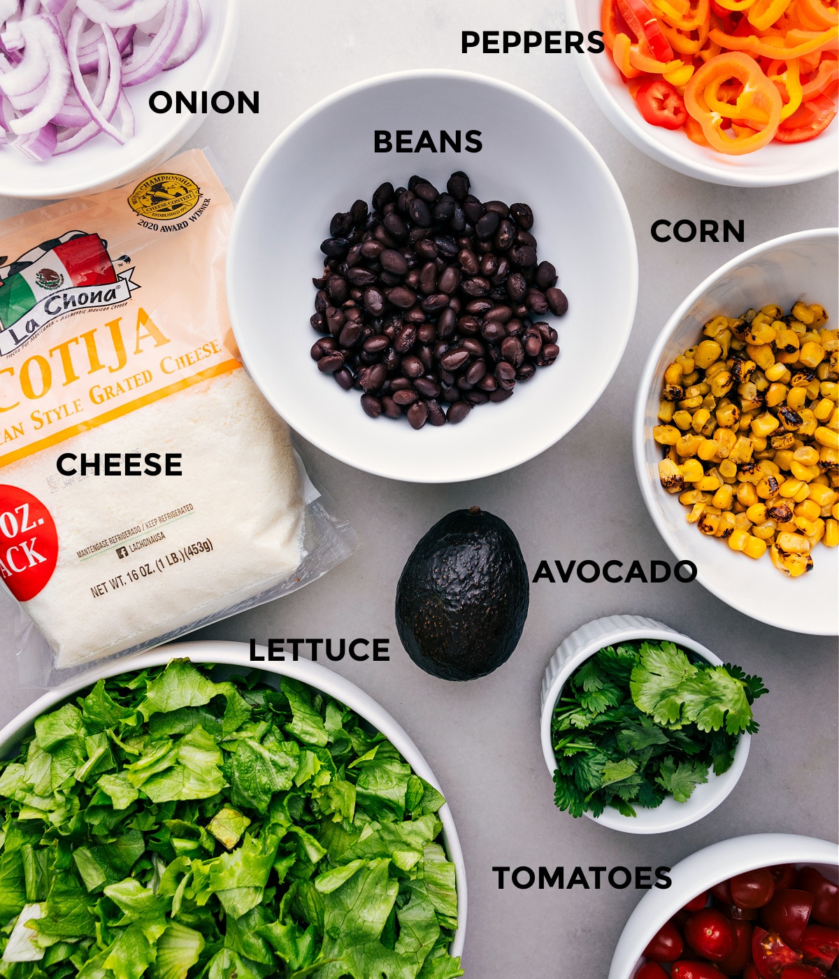 Our Favorite Mexican Salad All the ingredients used in this recipe prepped out for easy assembly.