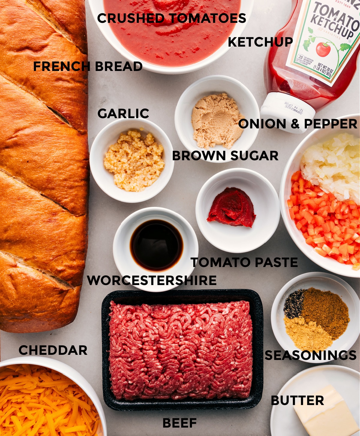 The Best Sloppy Joe Pizza Ingredients used in this recipe prepped out for easy assembly.