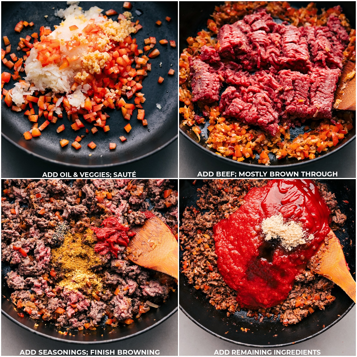 Sloppy Joe Pizzas Oil, veggies, beef, seasonings, and remaining ingredients being added to the pot.