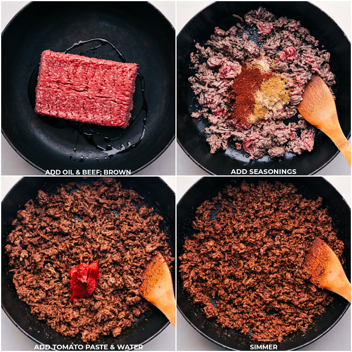 The Best Taco Meat Recipe Beef, seasonings, tomato paste, and water being added to the skillet for this Taco Meat Recipe.
