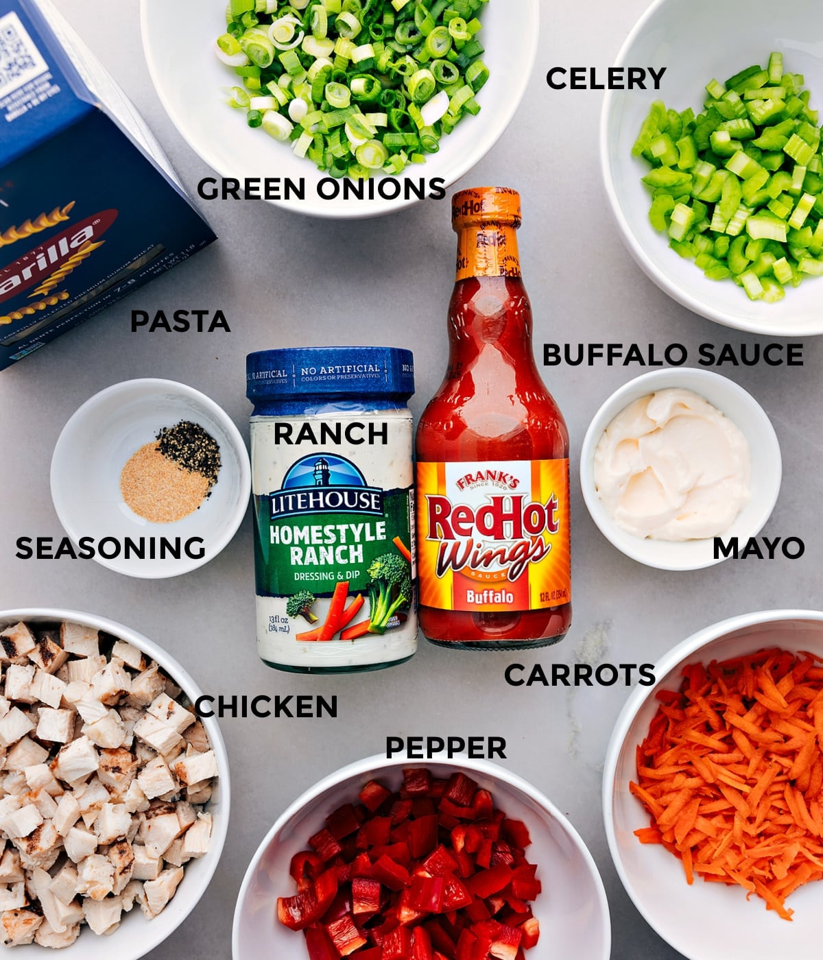 Ingredients In Buffalo Chicken Salad All the ingredients in this dish prepped out for easy assembly.