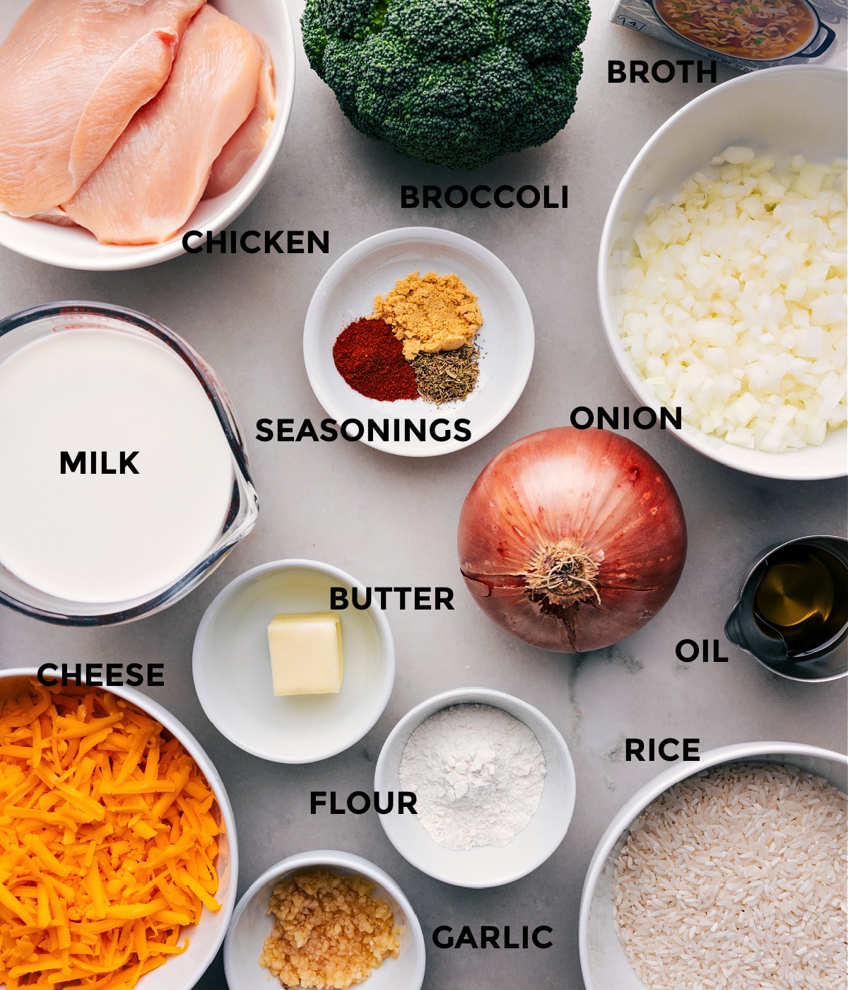 Ingredients In Creamy Chicken Broccoli Rice Casserole All in the ingredients in this recipe prepped out for easy assembly.