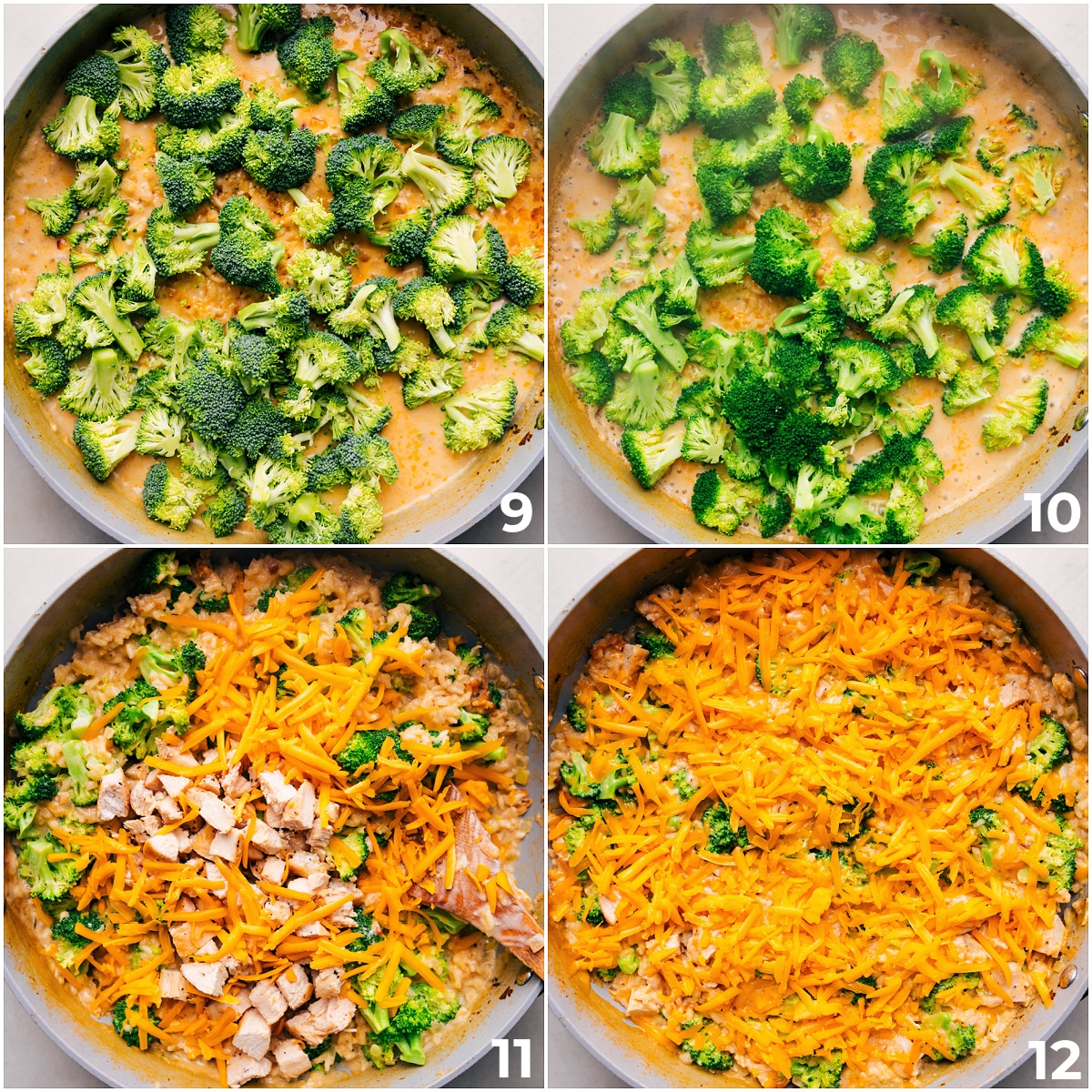 Favorite Creamy Chicken Broccoli Rice Casserole Broccoli, cheese, and chicken being added to the skillet for this delicious Creamy Chicken Broccoli Rice Casserole.