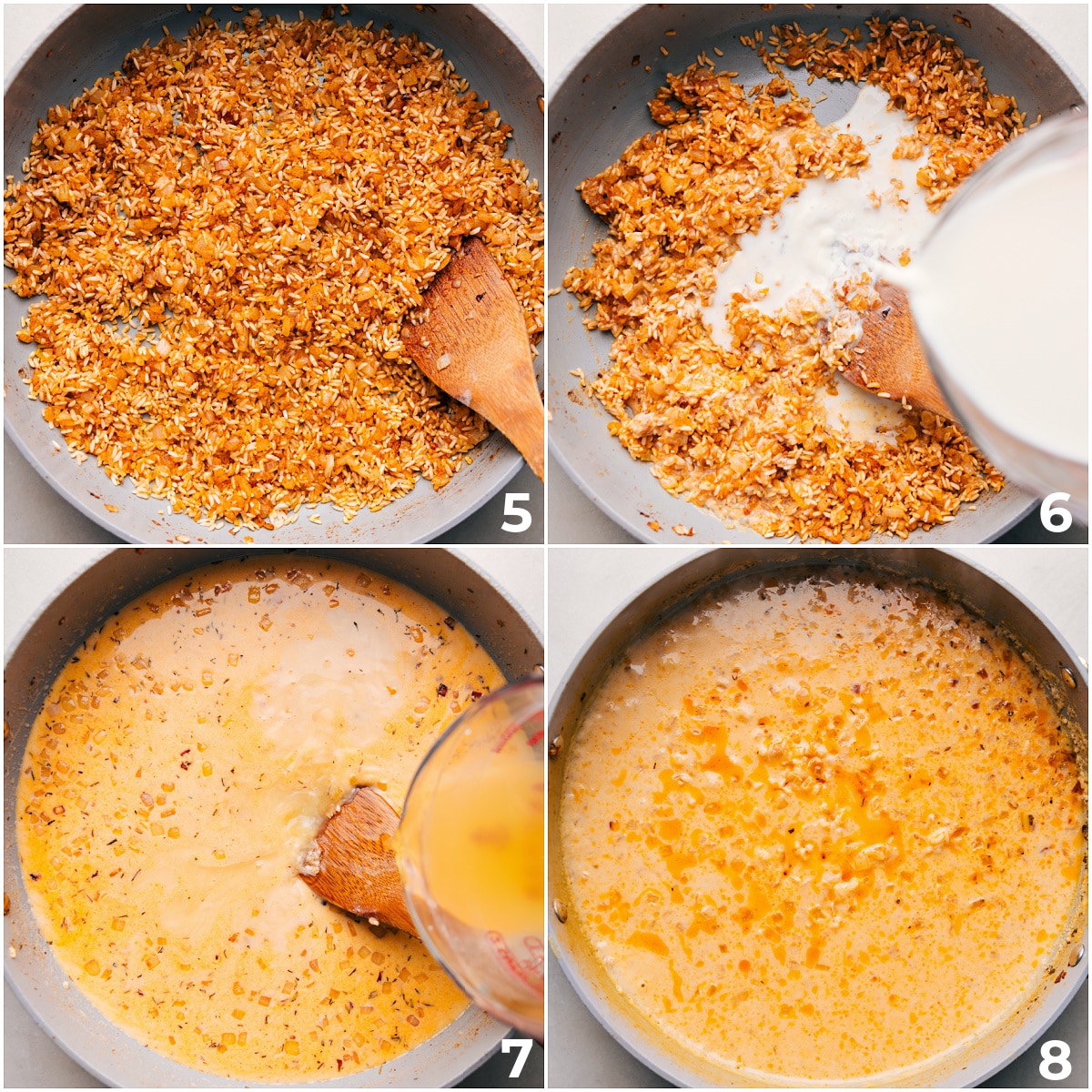 The Best Creamy Chicken Broccoli Rice Casserole Recipe Milk and broth being added to the skillet and it all being cooked together.