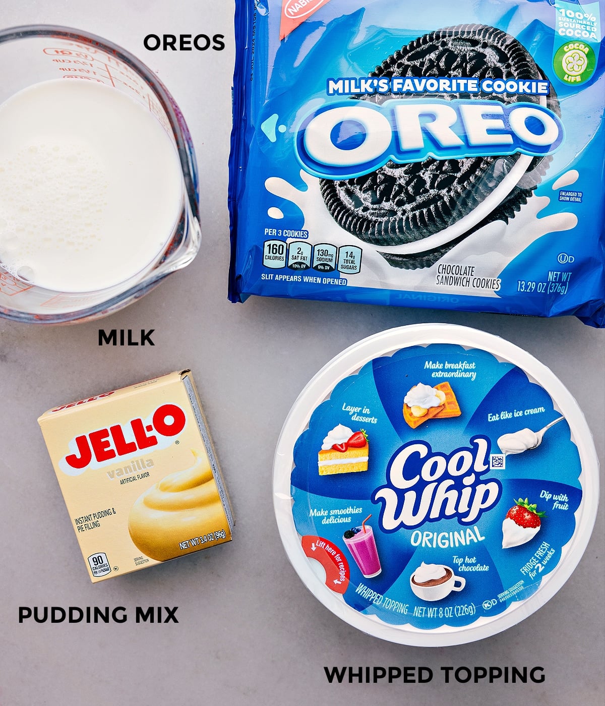 Our Favorite Oreo Fluff All the ingredients used in this recipe prepped out for easy assembly.