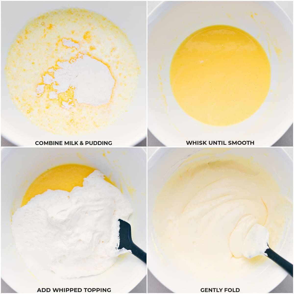 No Bake Oreo Fluff Milk, pudding, and whipped cream being mixed together.