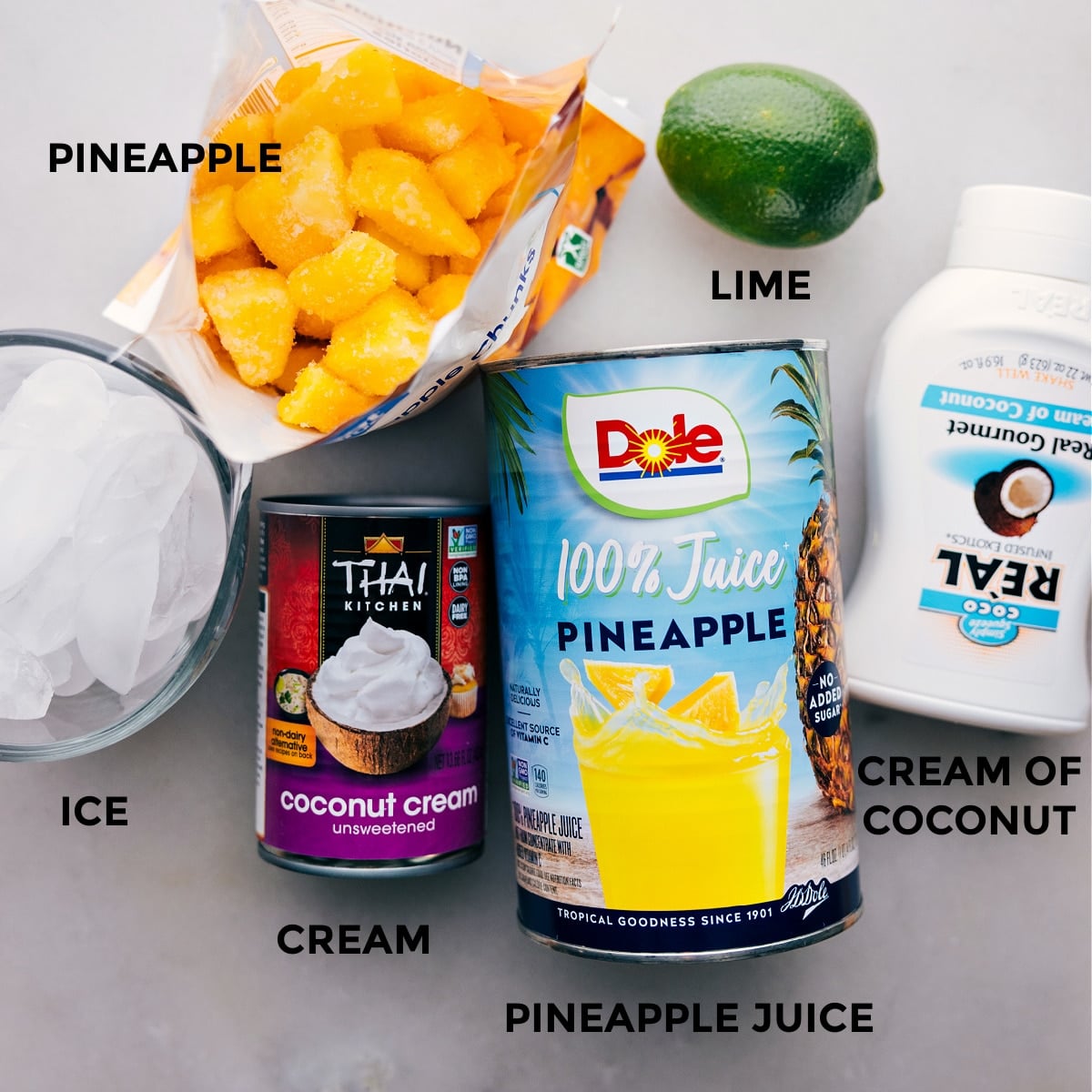 Ingredients In Pina Colada All the ingredients in this recipe prepped out for easy assembly.