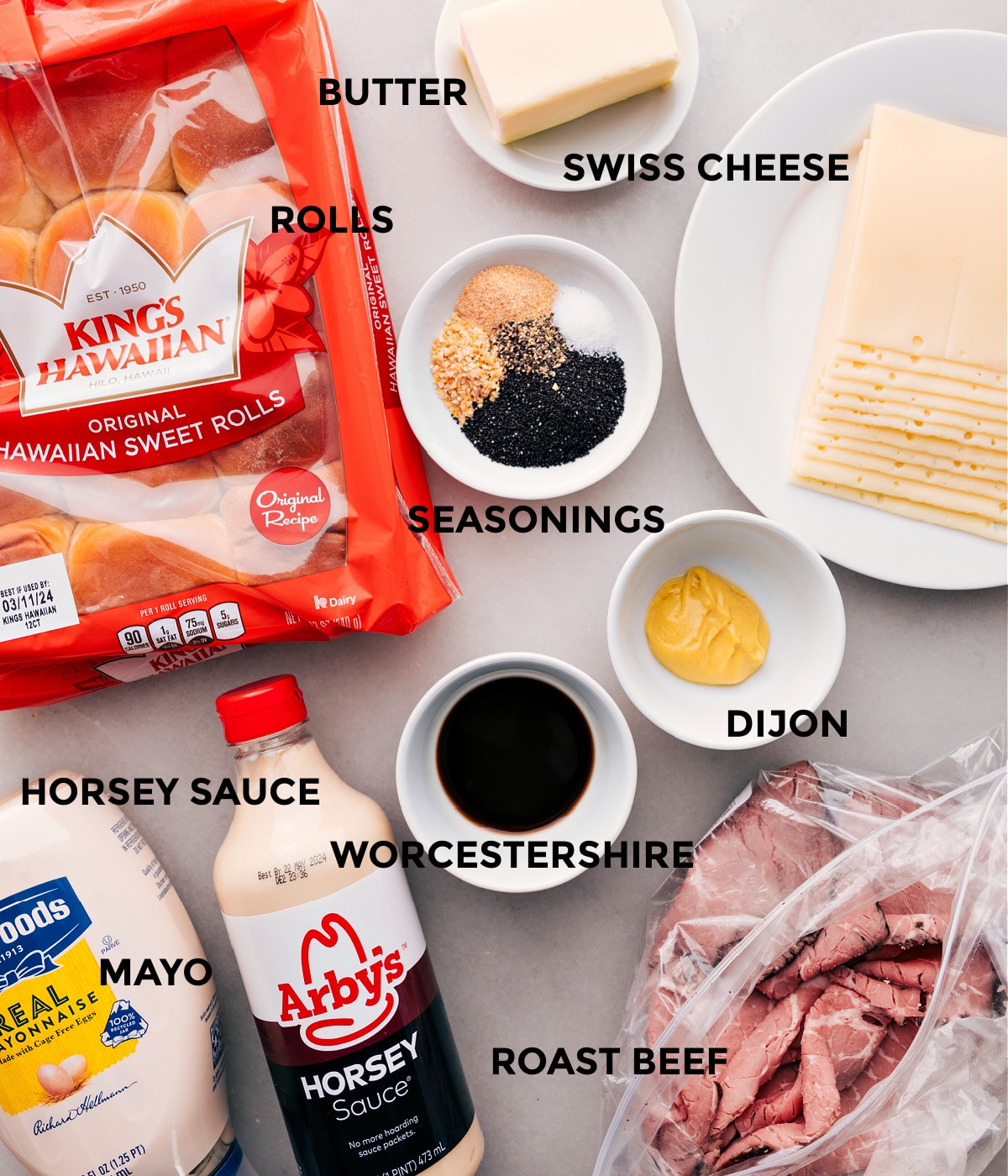 Ingredients In Roast Beef Sliders All the ingredients in this recipe prepped out for easy assembly.