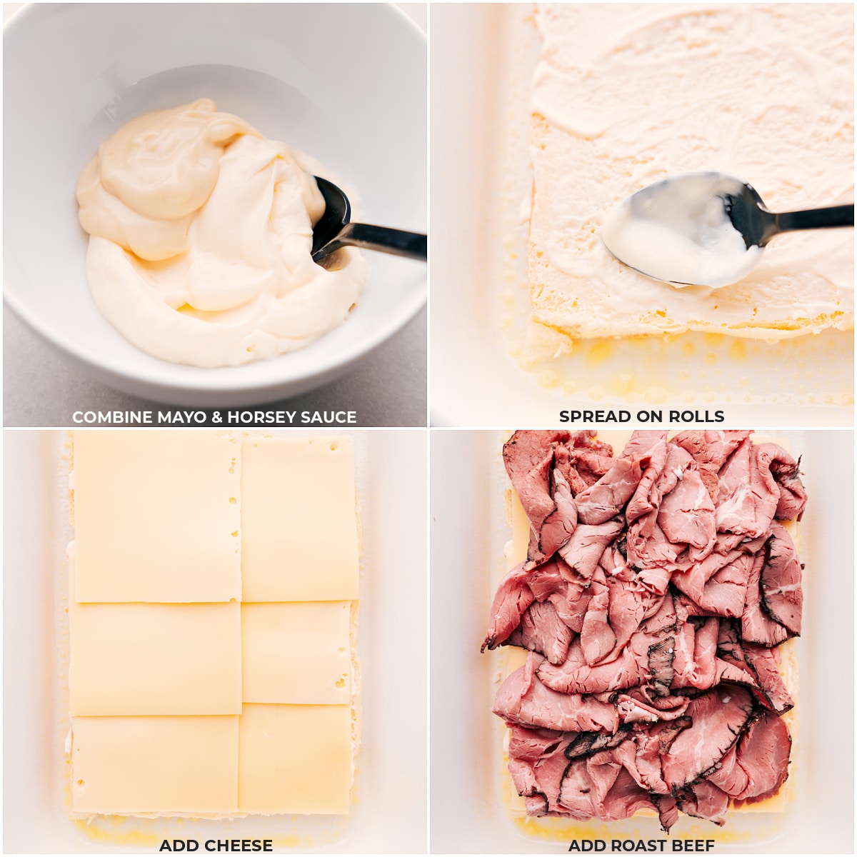 Delicious Roast Beef Sliders Mayo and horsey sauce being combined and spread on the rolls, then the meat and cheese being layered on.