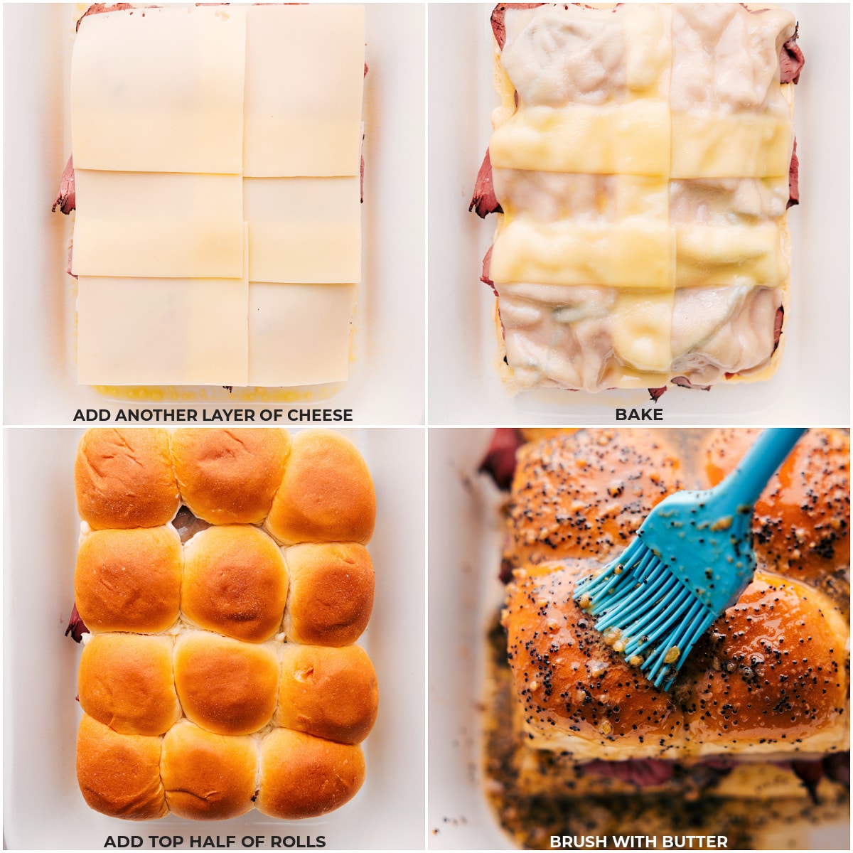 How To Make Roast Beef Sliders More cheese being layered on the meat and the other half of the rolls being placed on top and it all being brushed with butter for these roast beef sliders.