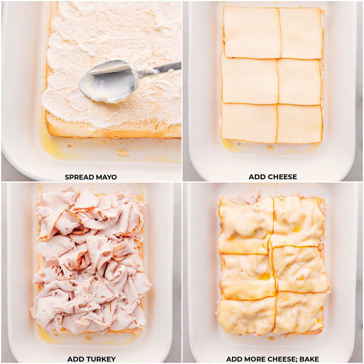 Our Favorite Turkey Sliders Mayo, cheese, and turkey being spread on the Turkey Sldiers.