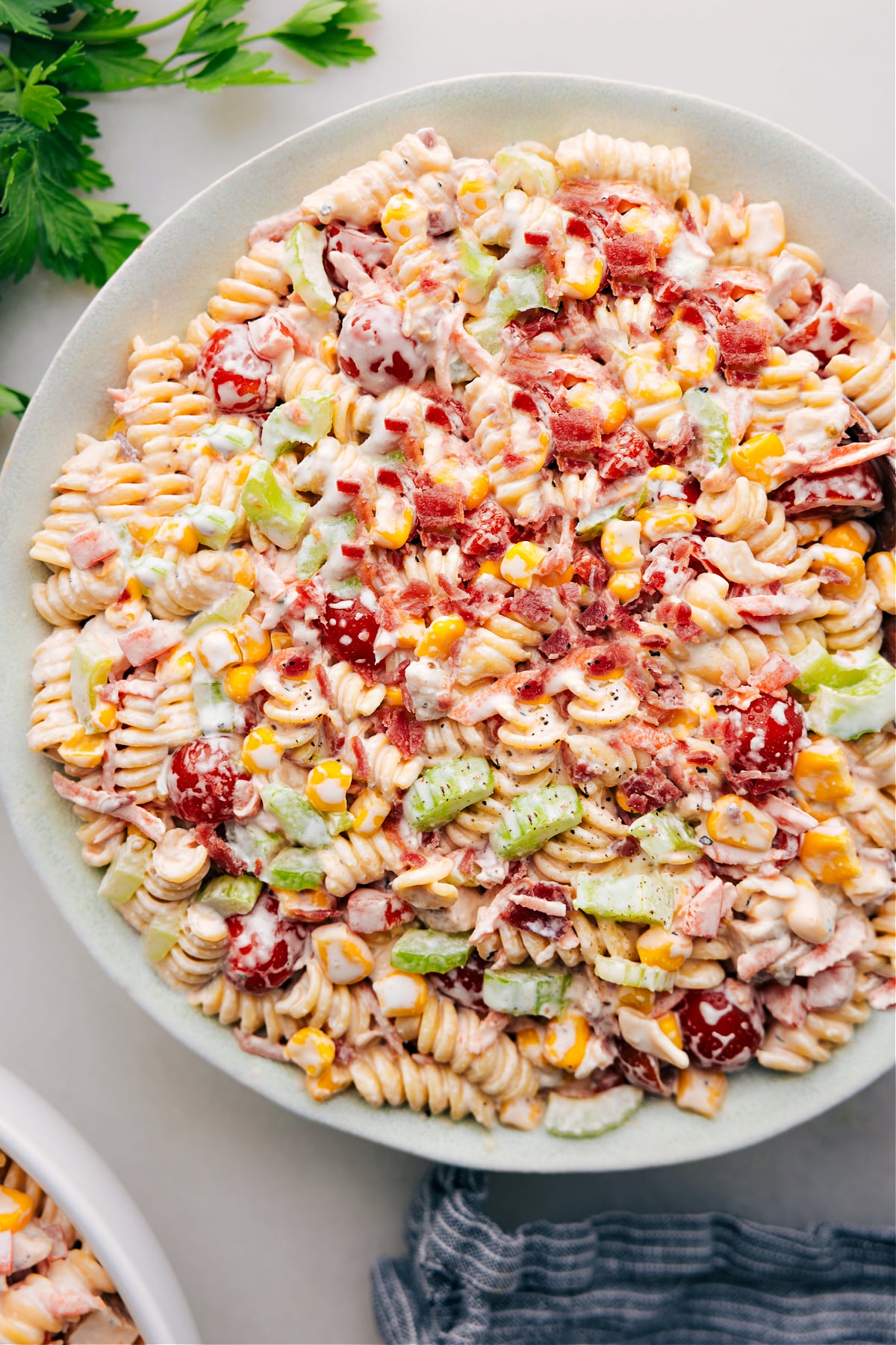 Easy Chicken Pasta Salad Chicken Pasta Salad recipe in a bowl ready to be served.