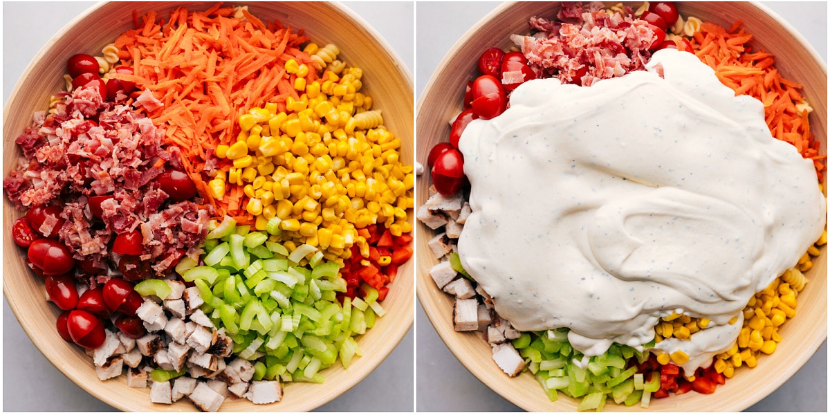 Favorite Chicken Pasta Salad Recipe All the toppings being added over a bed of pasta with the dressing poured over everything for this easy chicken pasta salad recipe.