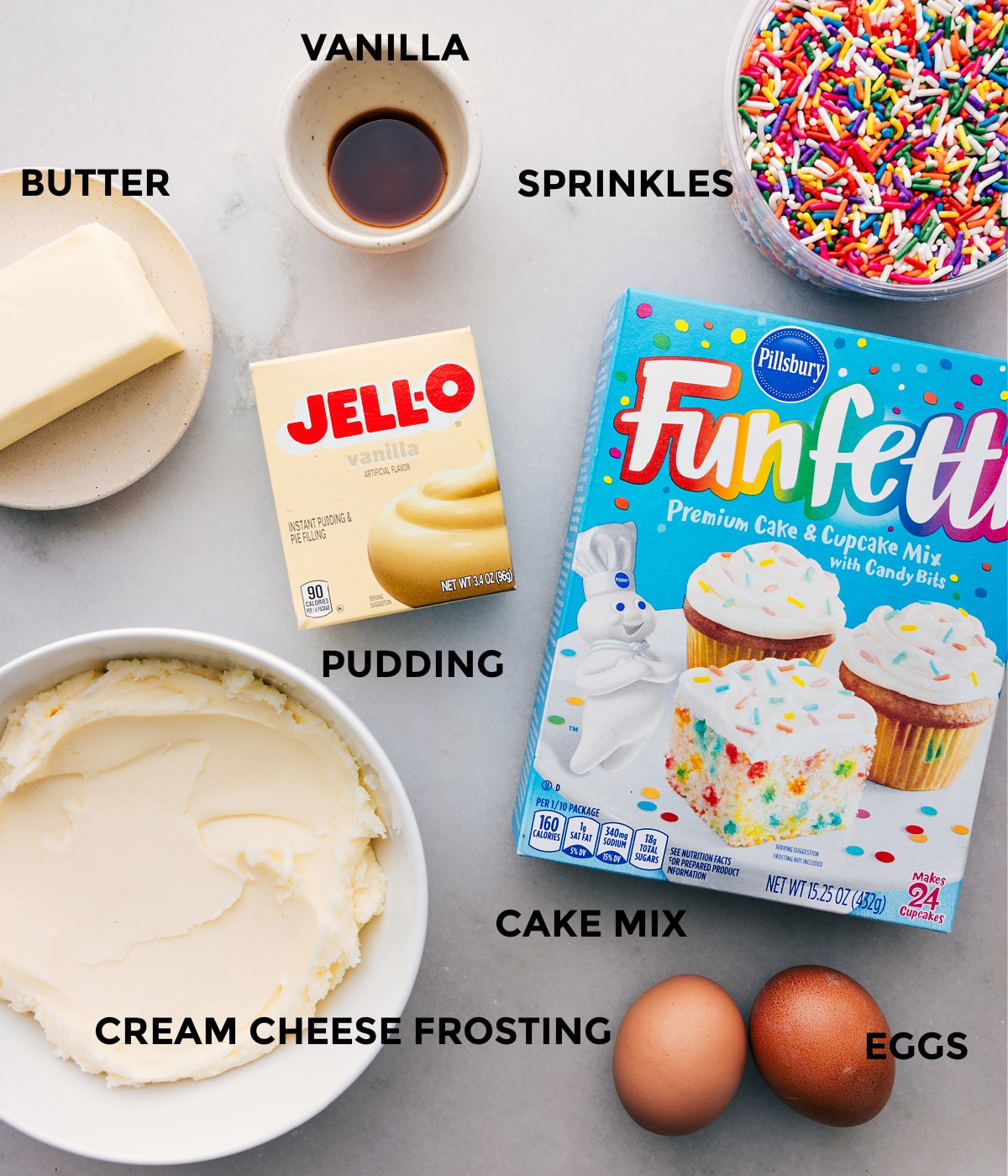 Ingredients In Cake Mix Cookies All the ingredients used in this recipe prepped out for easy assembly.