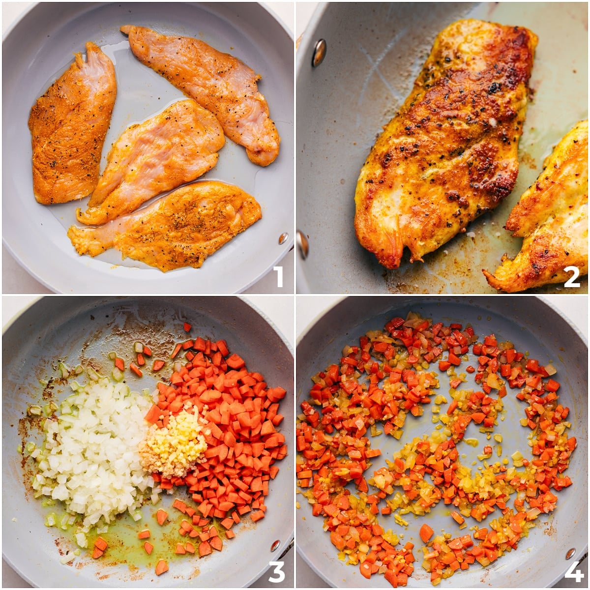 The Best One Pot Curry Chicken and Rice The chicken being cooked and then the veggies being sautรฉed for this One Pot Curry Chicken and Rice.