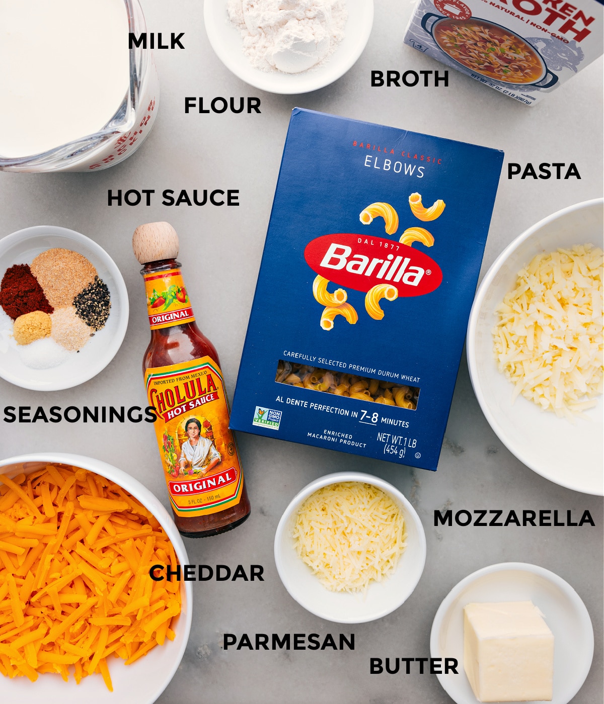 Mac And Cheese Ingredients Ingredients prepped out for easy assembly.