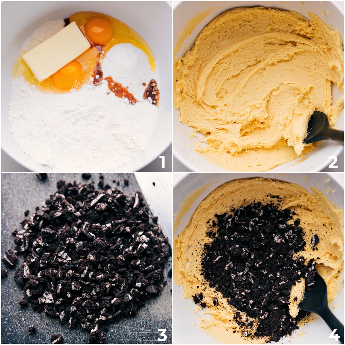 Oreo Whoopie Pies Recipe The dough being made for these oreo whoopie pies and the chopped oreos being added to it and mixed in.