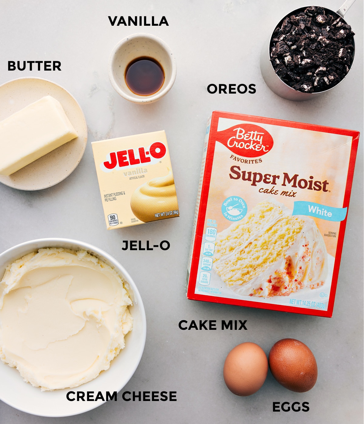 Ingredients In Oreo Whoopie Pies All the ingredients in this recipe prepped out for easy assembly.