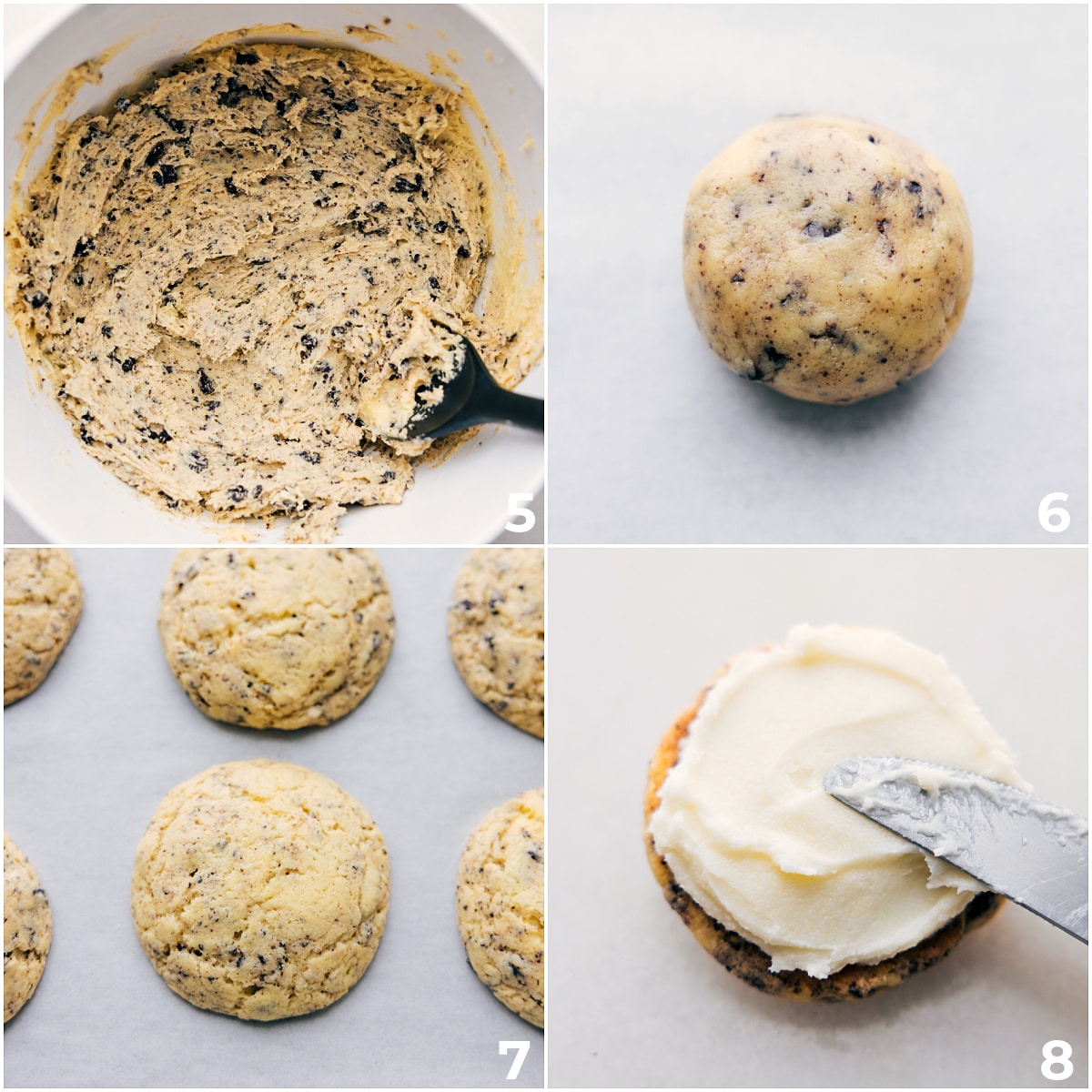 How To Make Oreo Whoopie Pies The dough being rolled out, baked, and the frosting being spread in between the layers.