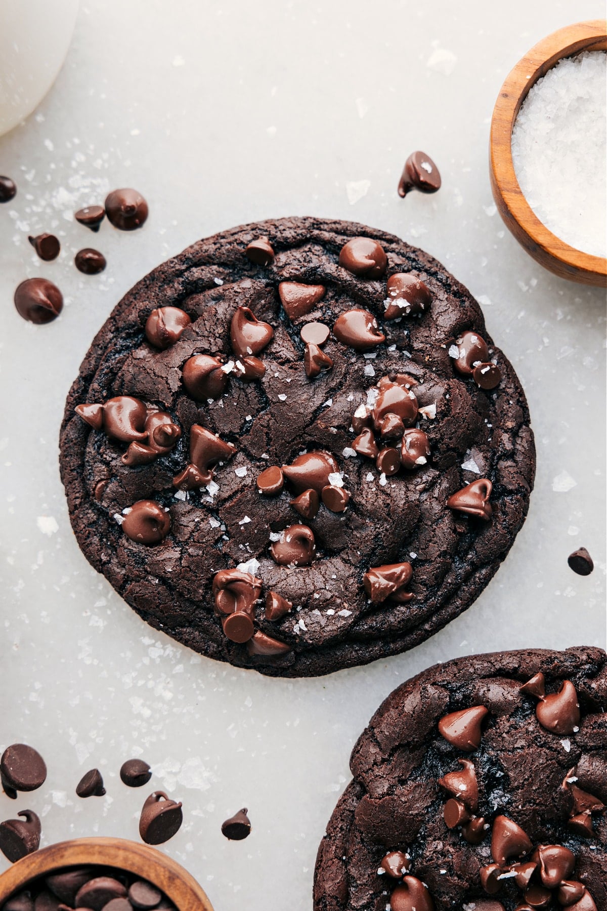 Single Serve Double Chocolate Cookie Single Serve Double Chocolate Cookie show from above with sea salt on top.