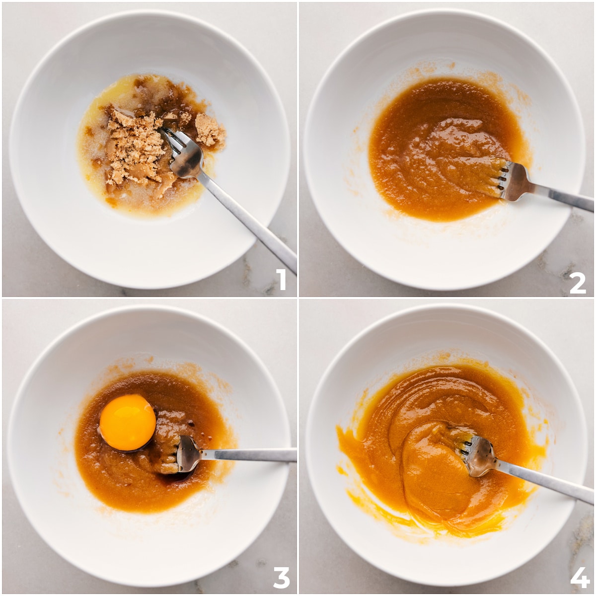 Easy Single Serve Double Chocolate Chip Cookies Wet ingredients being whisked together in a bowl for these easy, single serve double chocolate chip cookies.