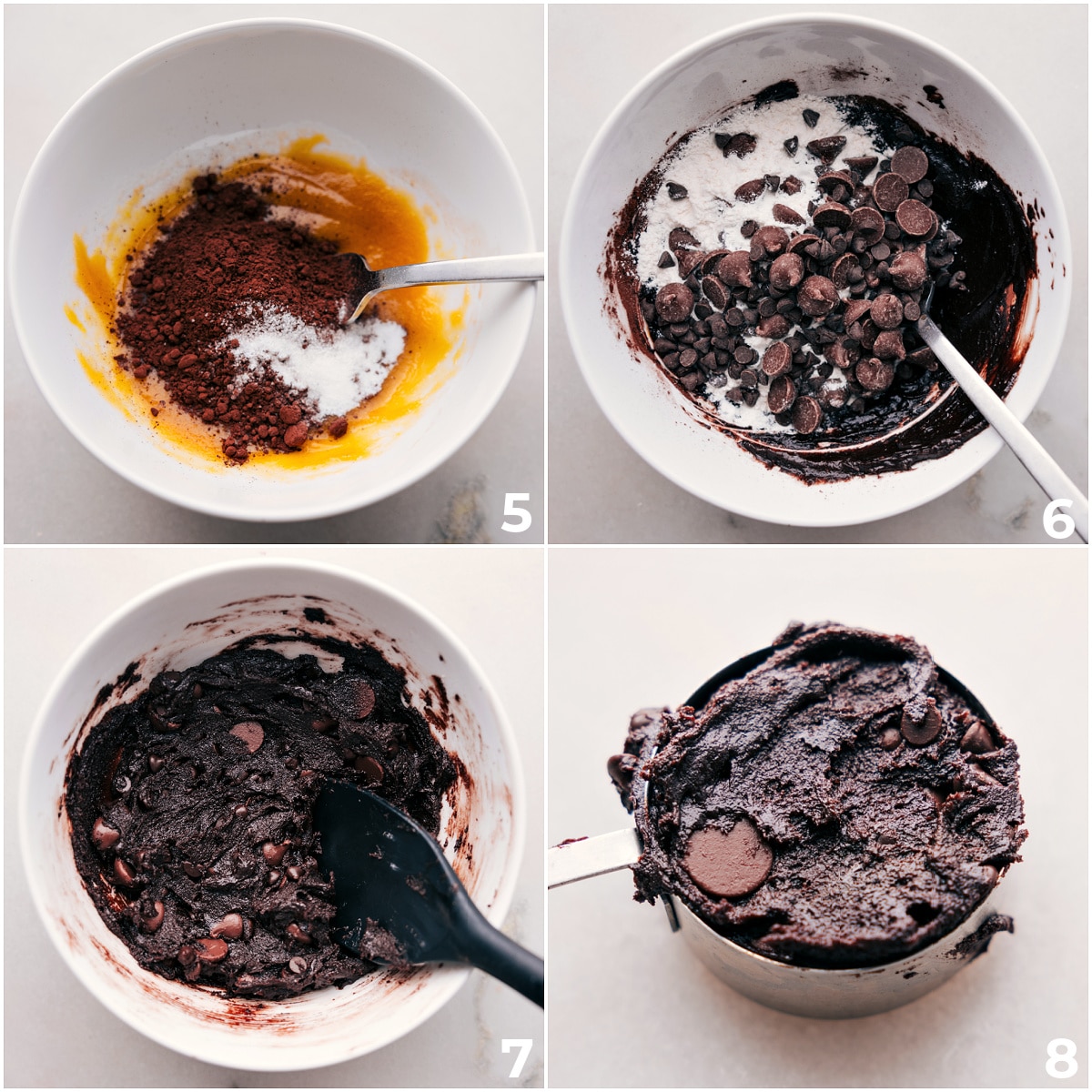 Making Double Chocolate Chip Cookies The dry ingredients being added to the wet and it all being mixed together and put in a measuring cup.