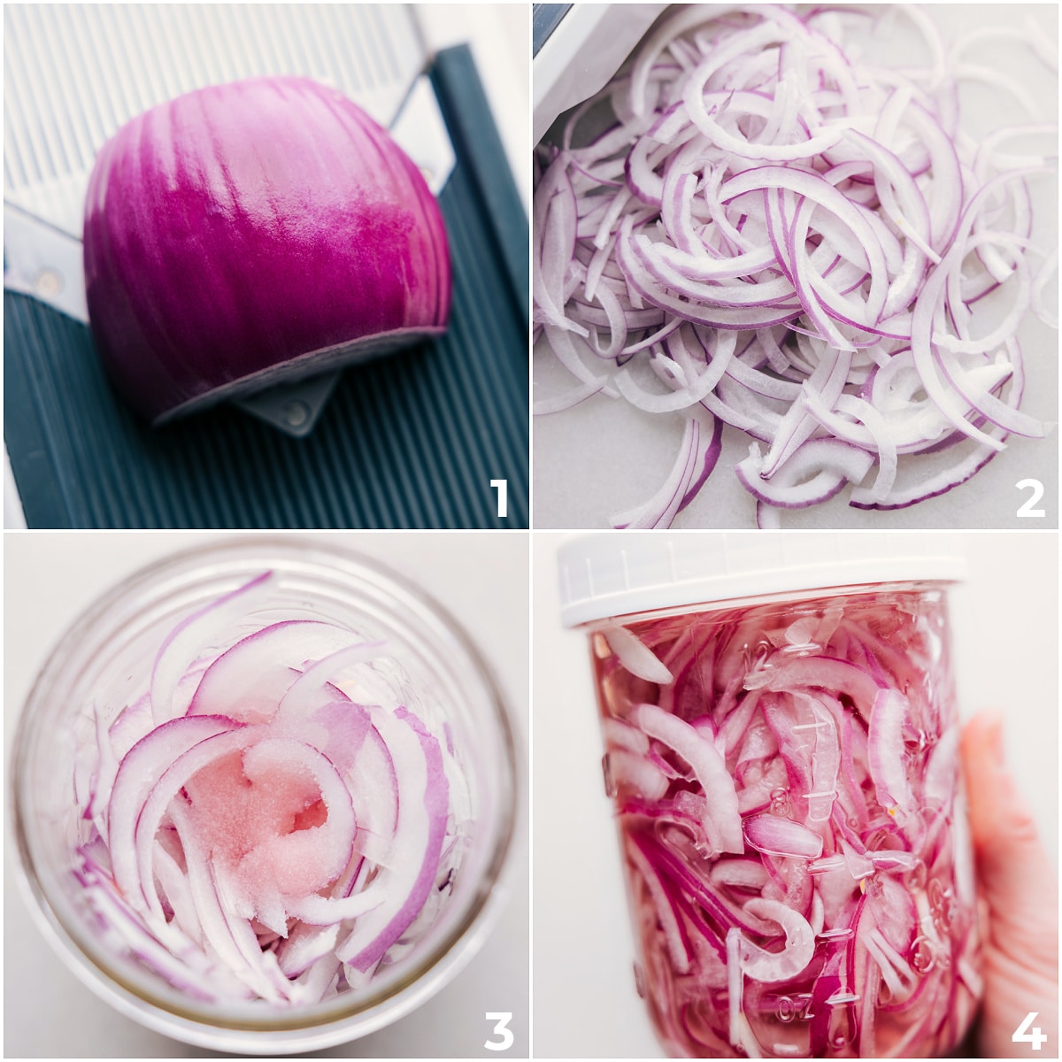 How To Make Pickled Red Onions The red onions being thinly sliced and all the pickling ingredients being poured on top of them in a jar for these pickled red onions.