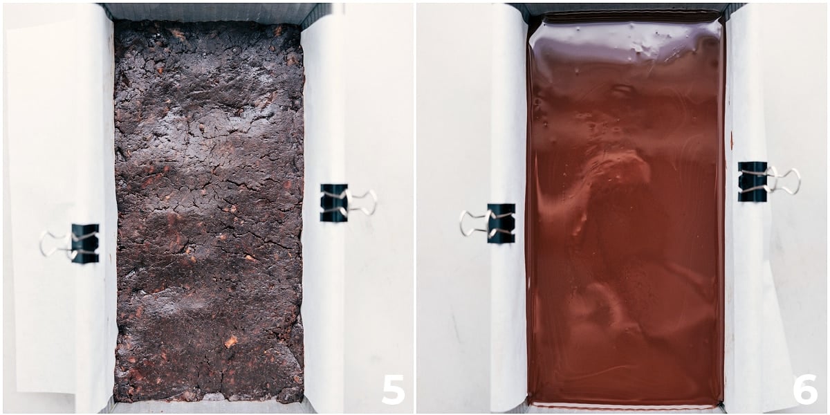 The Best Date Brownies The no bake recipe pressed into a bread pan and chocolate being spread on top.