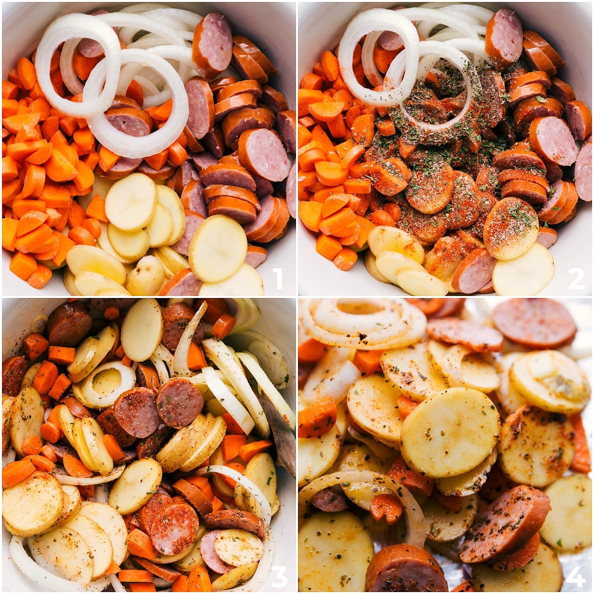 Assembling these Hobo Foil Packets All the ingredients assembled in a bowl and it all being mixed together and assembled in a foil pack for these hobo foil packets.