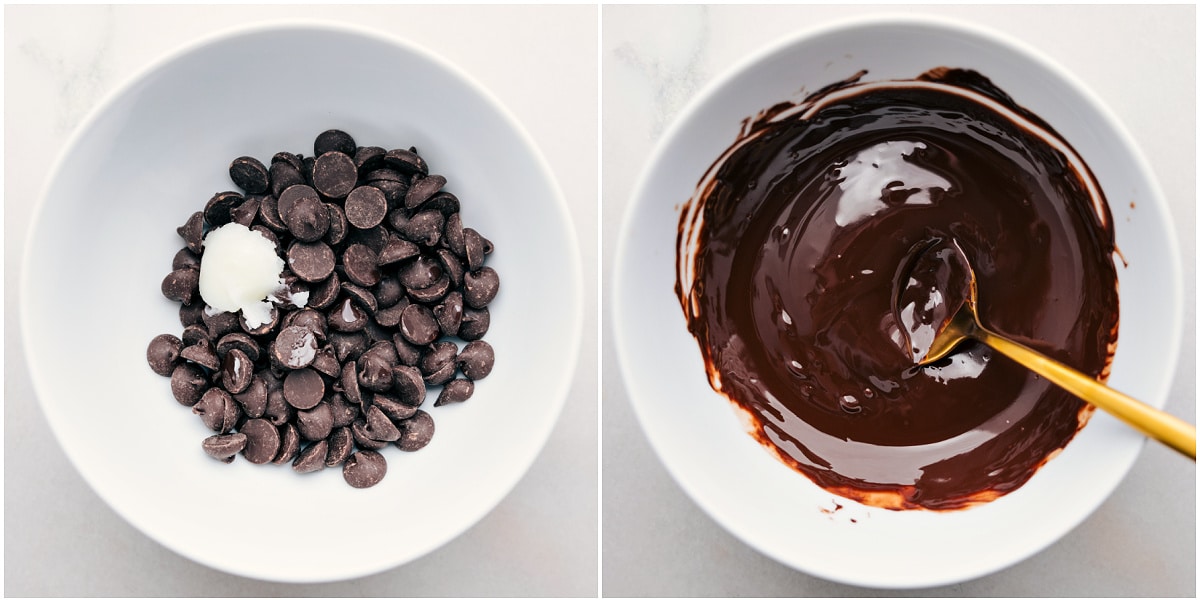 Making The Chocolate Drizzle For Healthy Nut Bark The chocolate chips being melted with coconut oil.