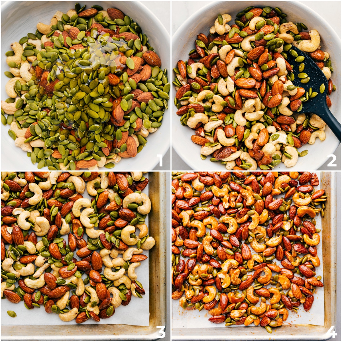 How To Make Healthy Nut Bark Recipe All the ingredients in being added to a bowl and mixed together then spread on a sheet pan to be baked.