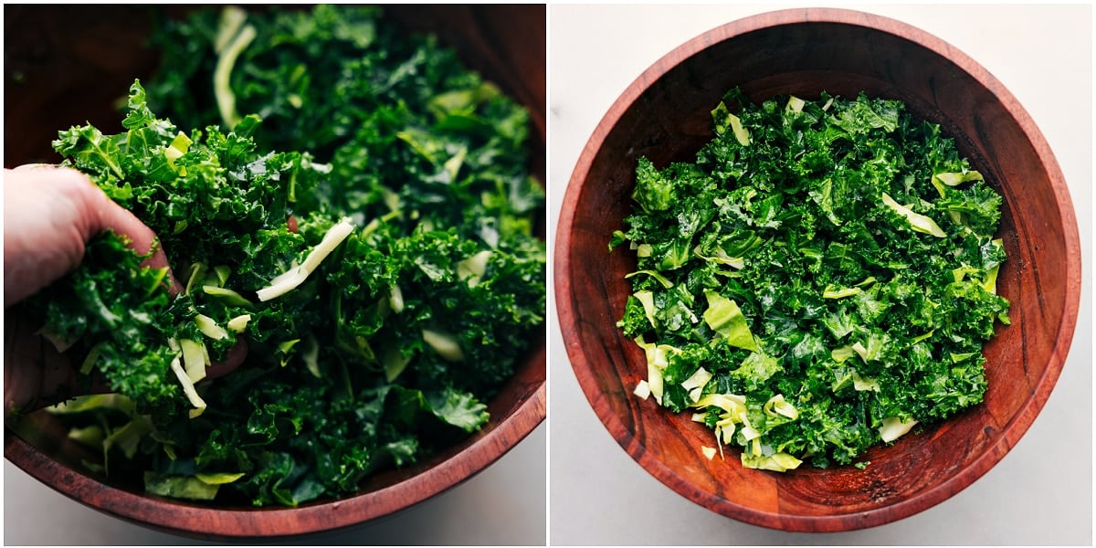 How To Make Chick-Fil-A Kale Salad Copycat Recipe The greens being mixed together in a large bowl for this recipe.