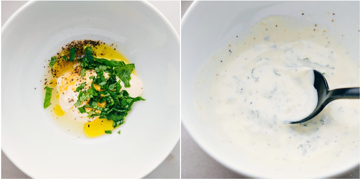 The Best Tomato Sandwich Spread The simple spread mixture being mixed together in a bowl.