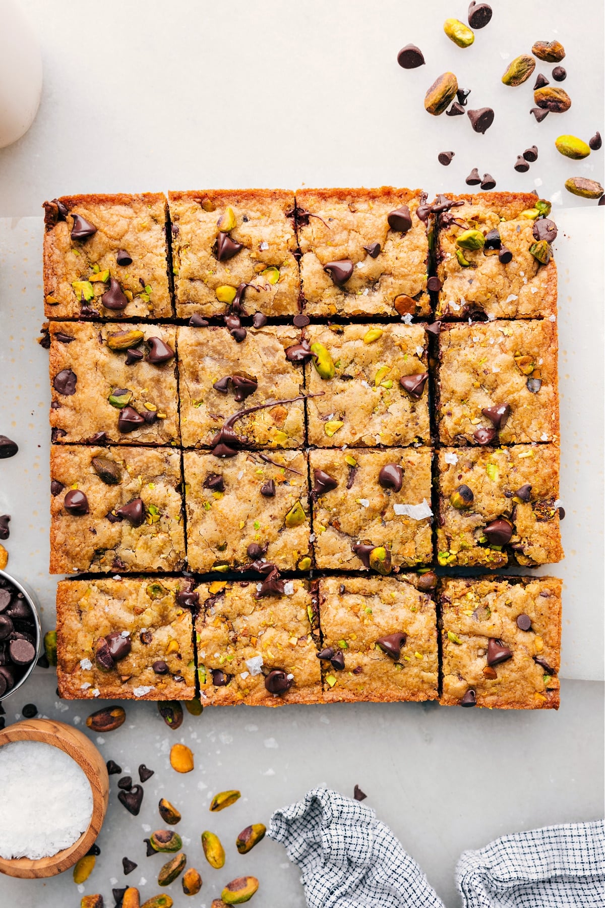 The best blondie recipe cut into bars with all the yummy toppings baked into it.