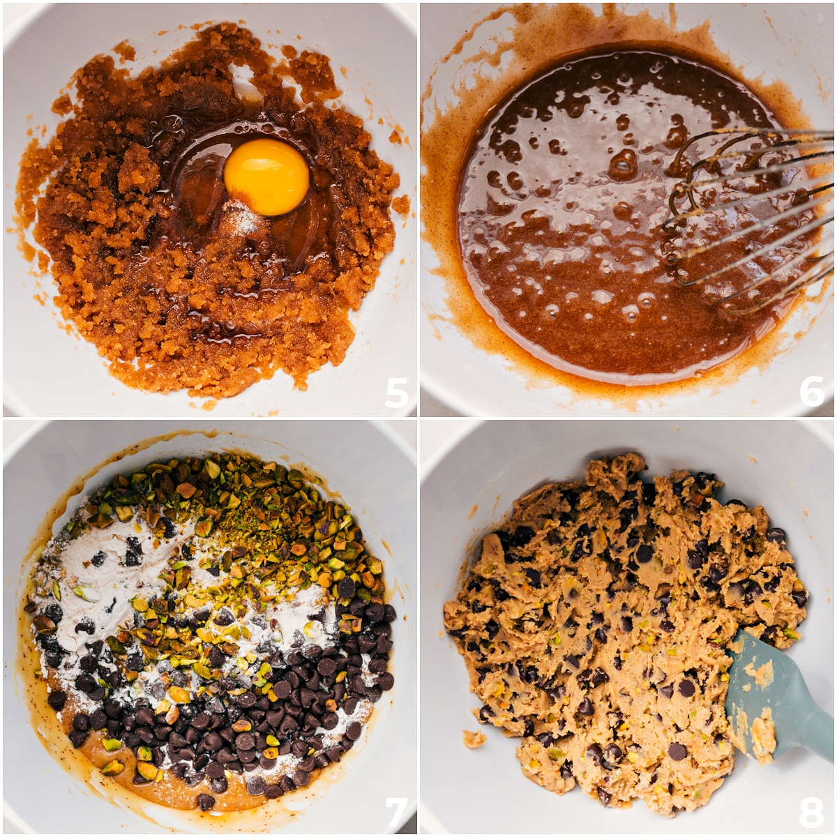 How To Make Delicious Blondies An egg being whisked into the wet ingredients and then all the dry ingredients and toppings being mixed in.