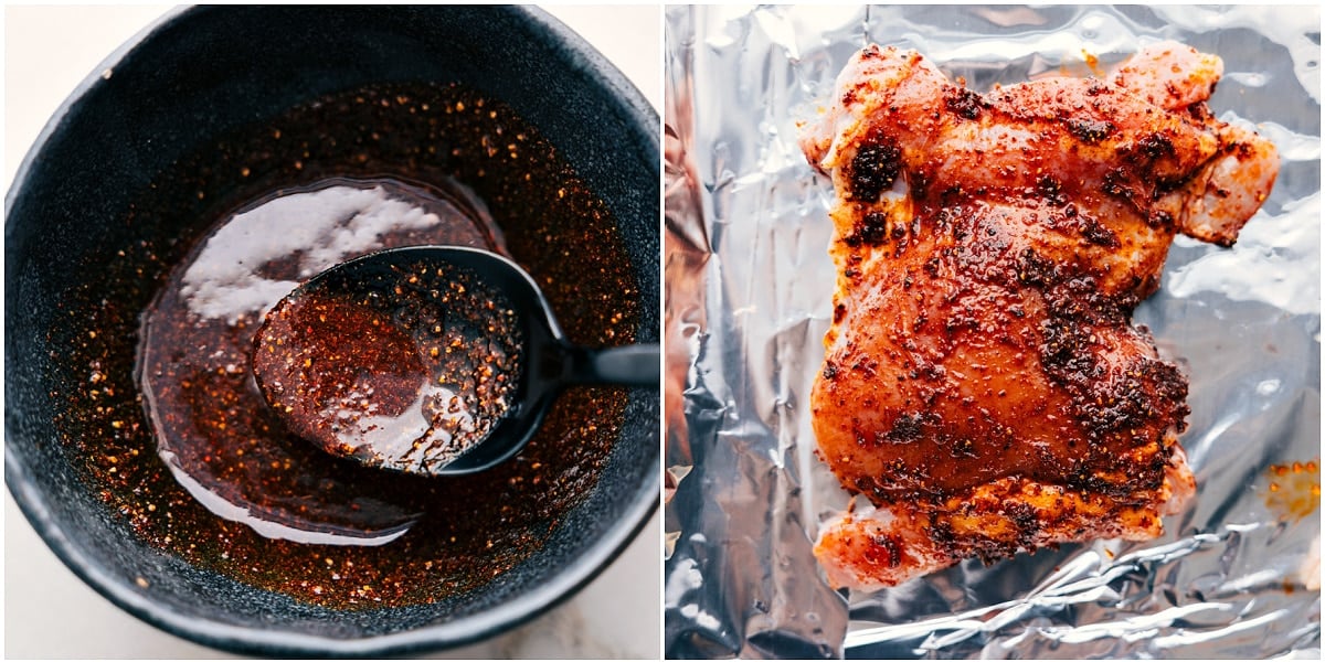 The Best Chicken Thigh Marinade For Chicken Rice Bowls Adding the chicken sauce on top of the chicken thighs for a quick marinade.