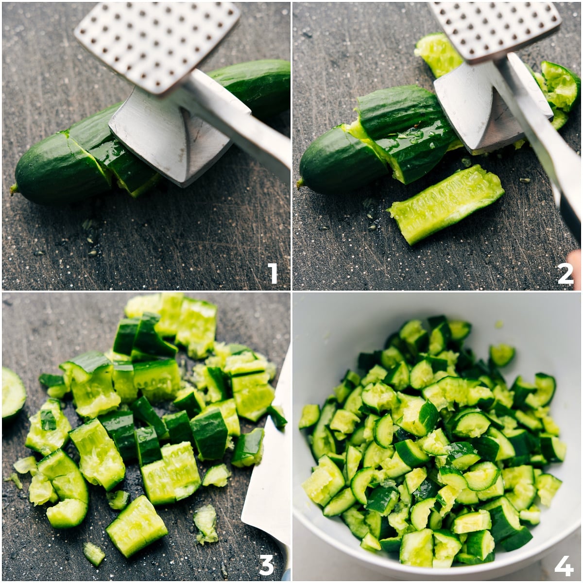 Cucumber Smashing With A Mallet Smashing the cucumbers and then chopping them and adding it to a bowl for this smashed cucumber salad.