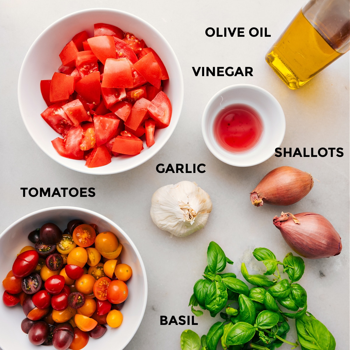 Ingredients In Tomato Salad Recipe Ingredients in this recipe prepped out for easy assembly.
