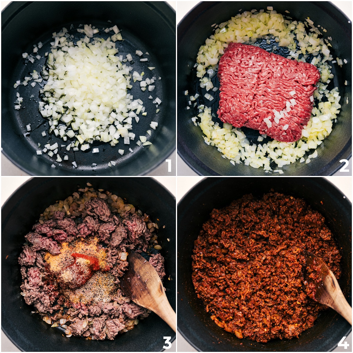 How To Make One Pot Chili Mac Sautรฉing onions, browning beef, and cooking in seasonings and tomato paste for this one-pot chili mac.