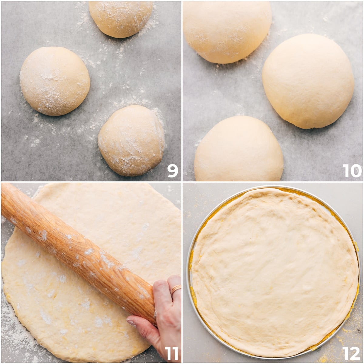 Rolling Out Pizza Dough To Bake The dough balls being rolled into 3 balls and then rolled out into pizza dough for this recipe.