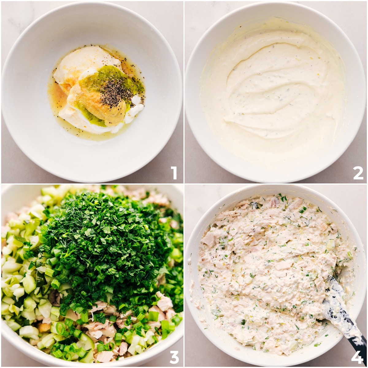 How To Make Dill Pickle Chicken Salad Toss the dressing and ingredients together in a bowl.