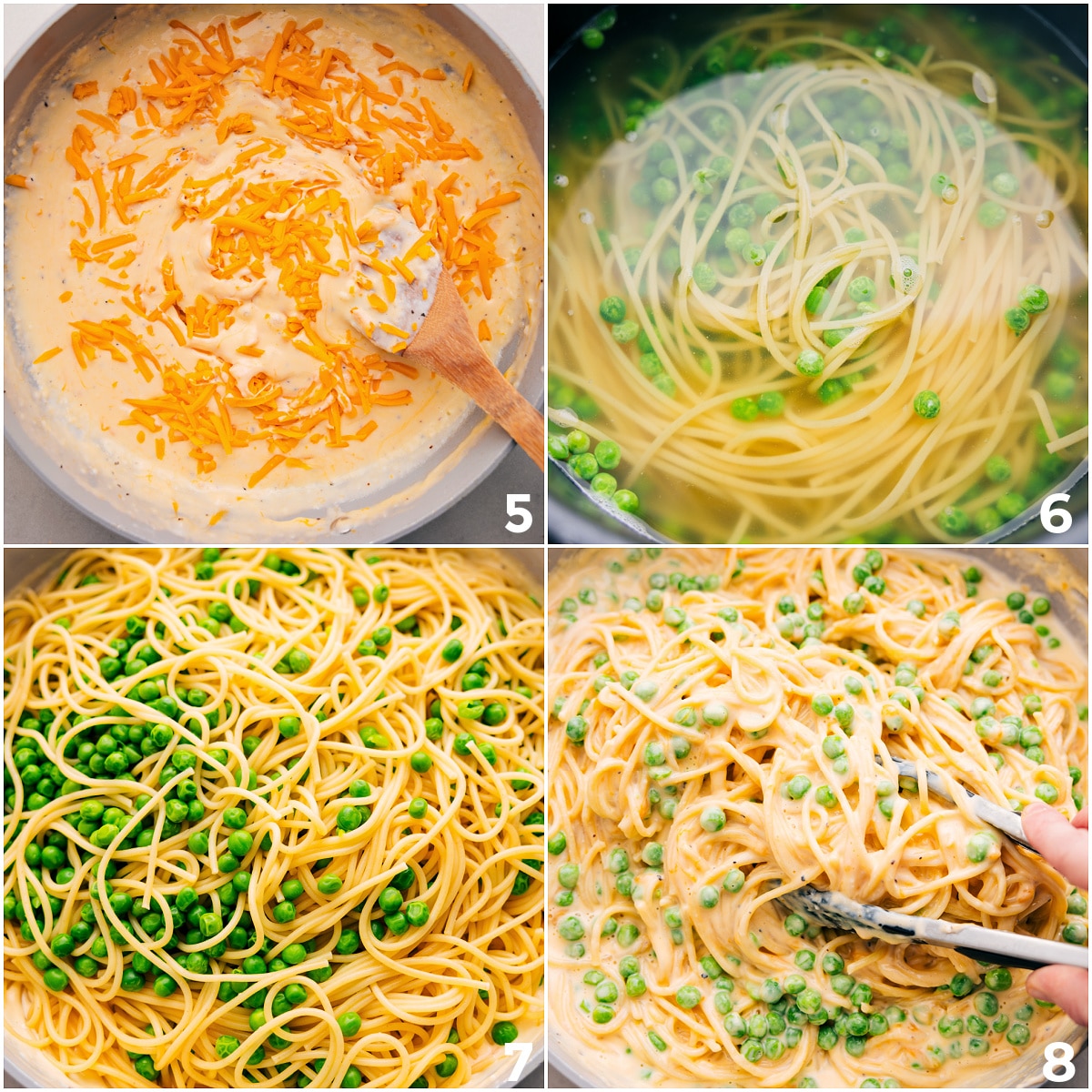 How To Make The Best Cheesy Spaghetti Recipe Mix cheese into the cream sauce, cook the pasta with peas, and combine everything together.