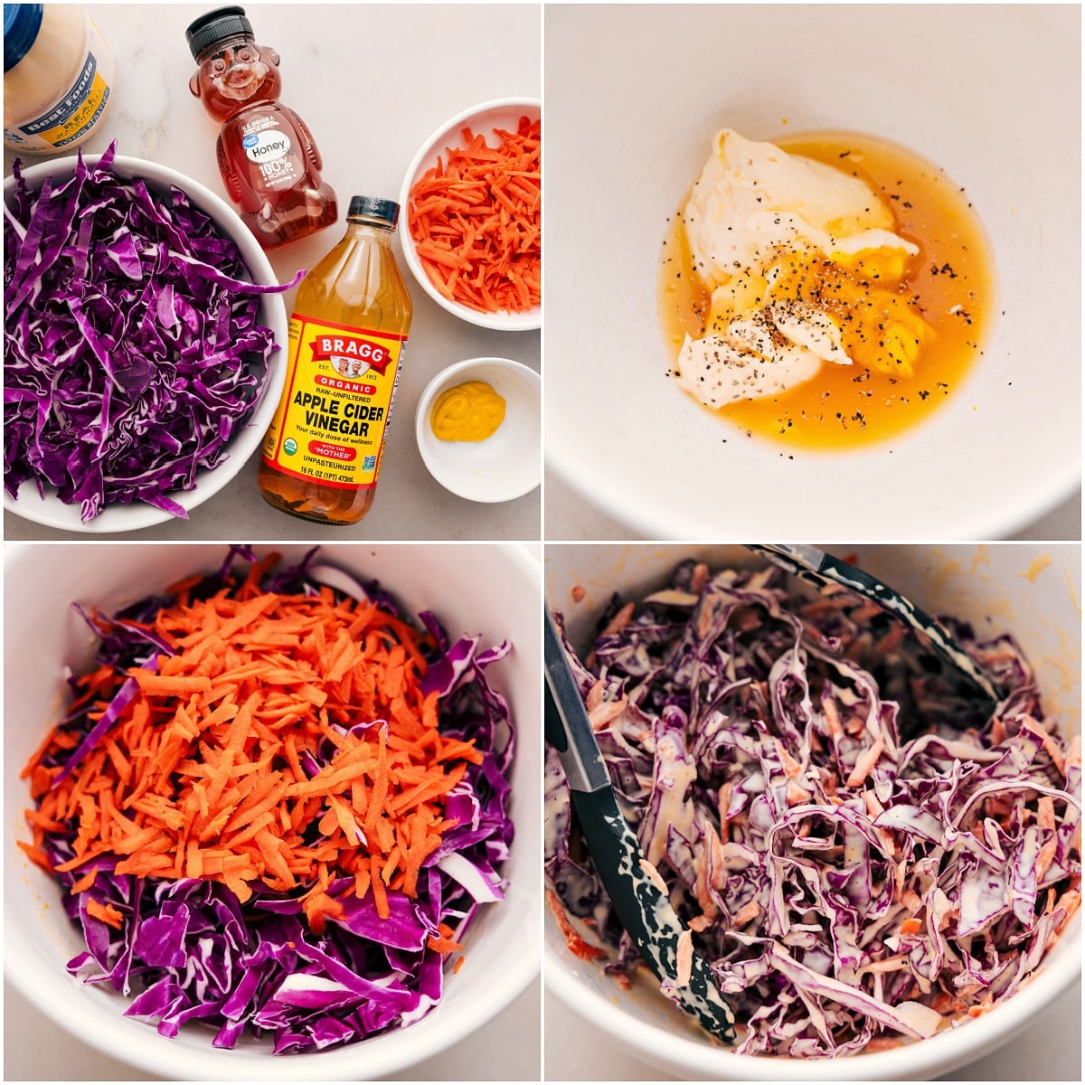 Add The Best Slaw To Your Hot Honey Chicken Bowls The slaw ingredients and dressing are added to a bowl.