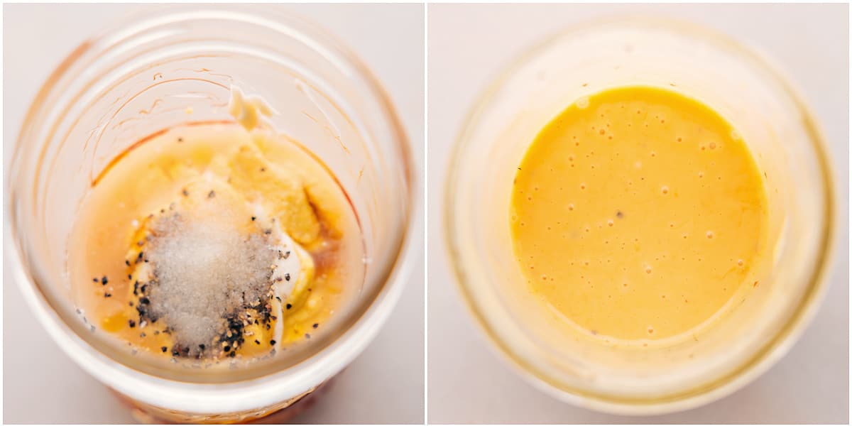 The Best Dressing To Top Hot Honey Chicken Bowl The simple dressing for this dish is mixed in a mason jar.