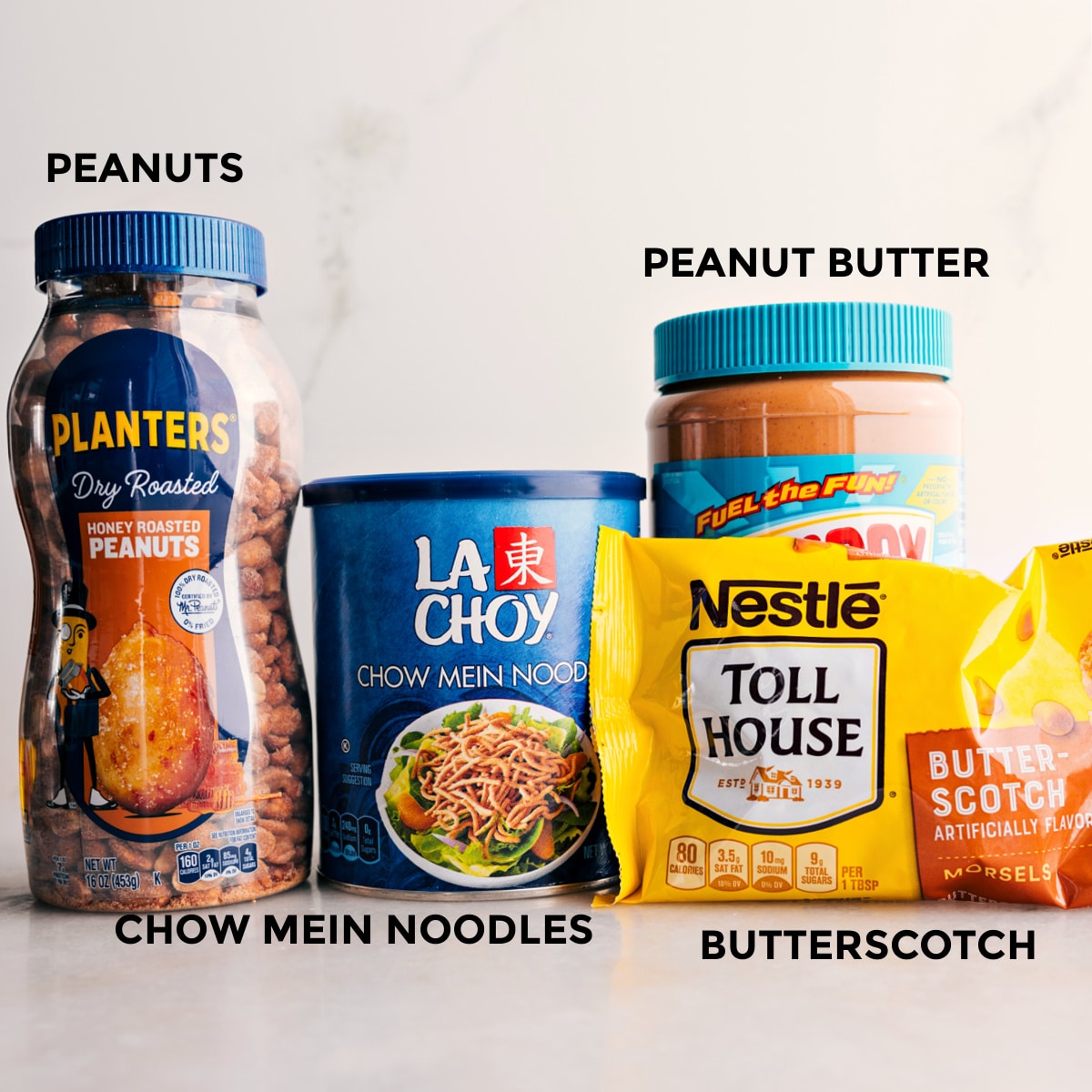 Ingredients In Haystack Cookies The 4 ingredients in this recipe are prepped for easy assembly: peanuts, chow mein noodles, butterscotch, and peanut butter.