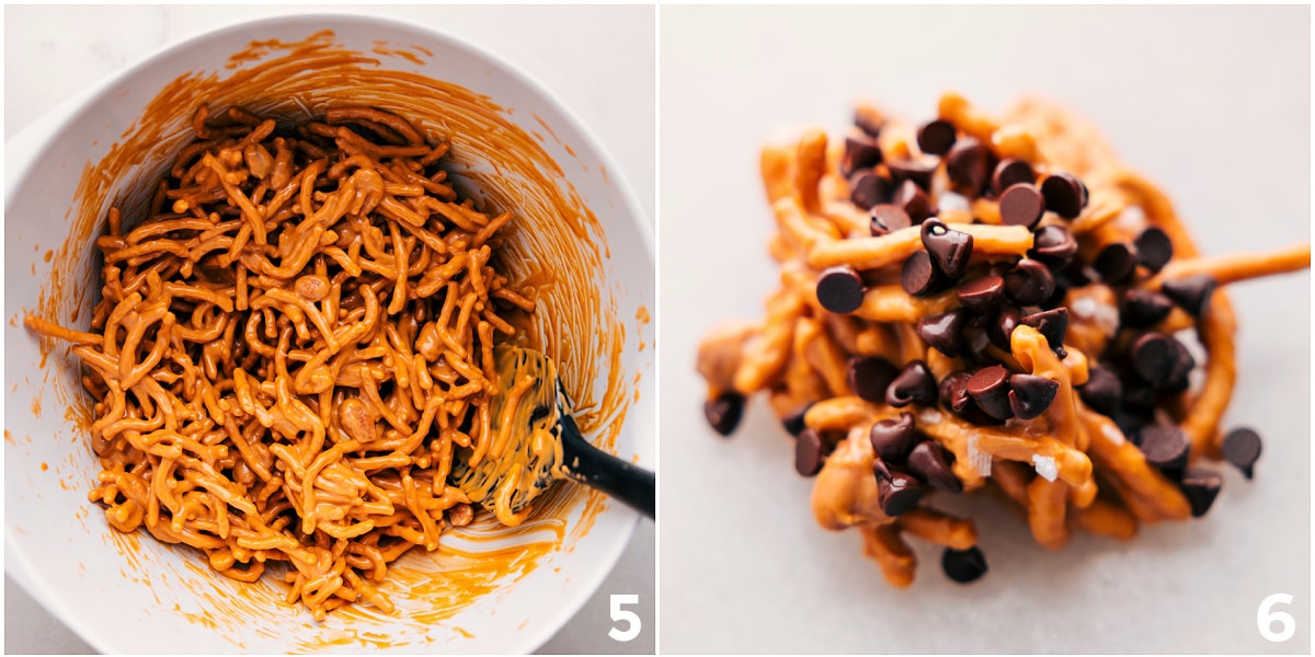 The Best No Bake Cookies Recipe: Haystack Cookies Mix all the ingredients together, scoop the mixture onto a sheet pan to harden, and top with mini chocolate chips.