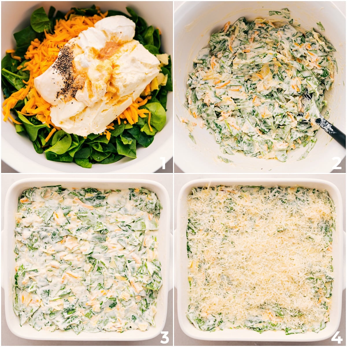 How To Make Spinach Artichoke Dip Recipe All the ingredients are tossed together in a bowl, then spread into a pan to bake this Spinach Artichoke Dip.