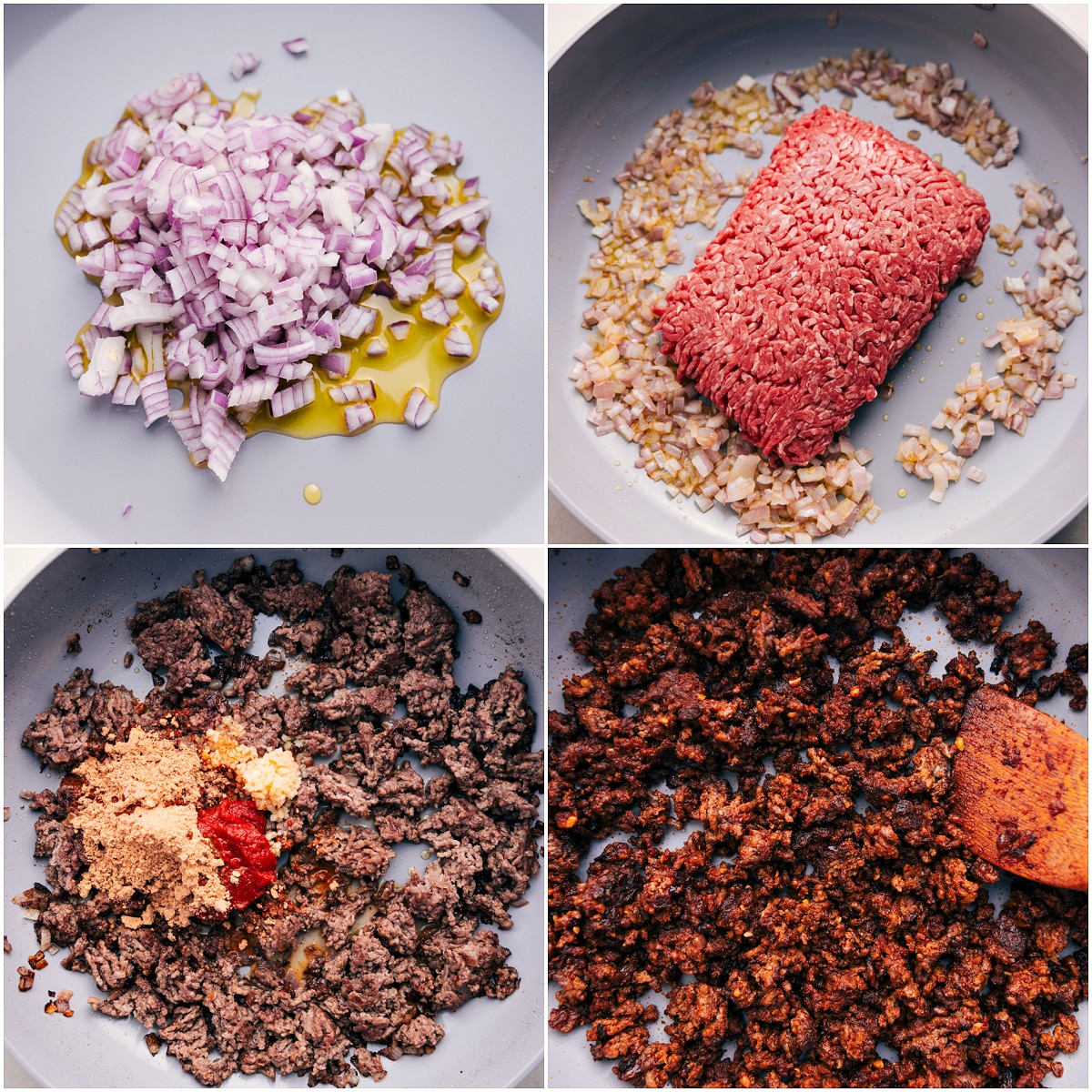 How To Make Beef Burrito Bowl Recipe Sautรฉ onions with oil, brown the meat, then add seasonings and garlic.